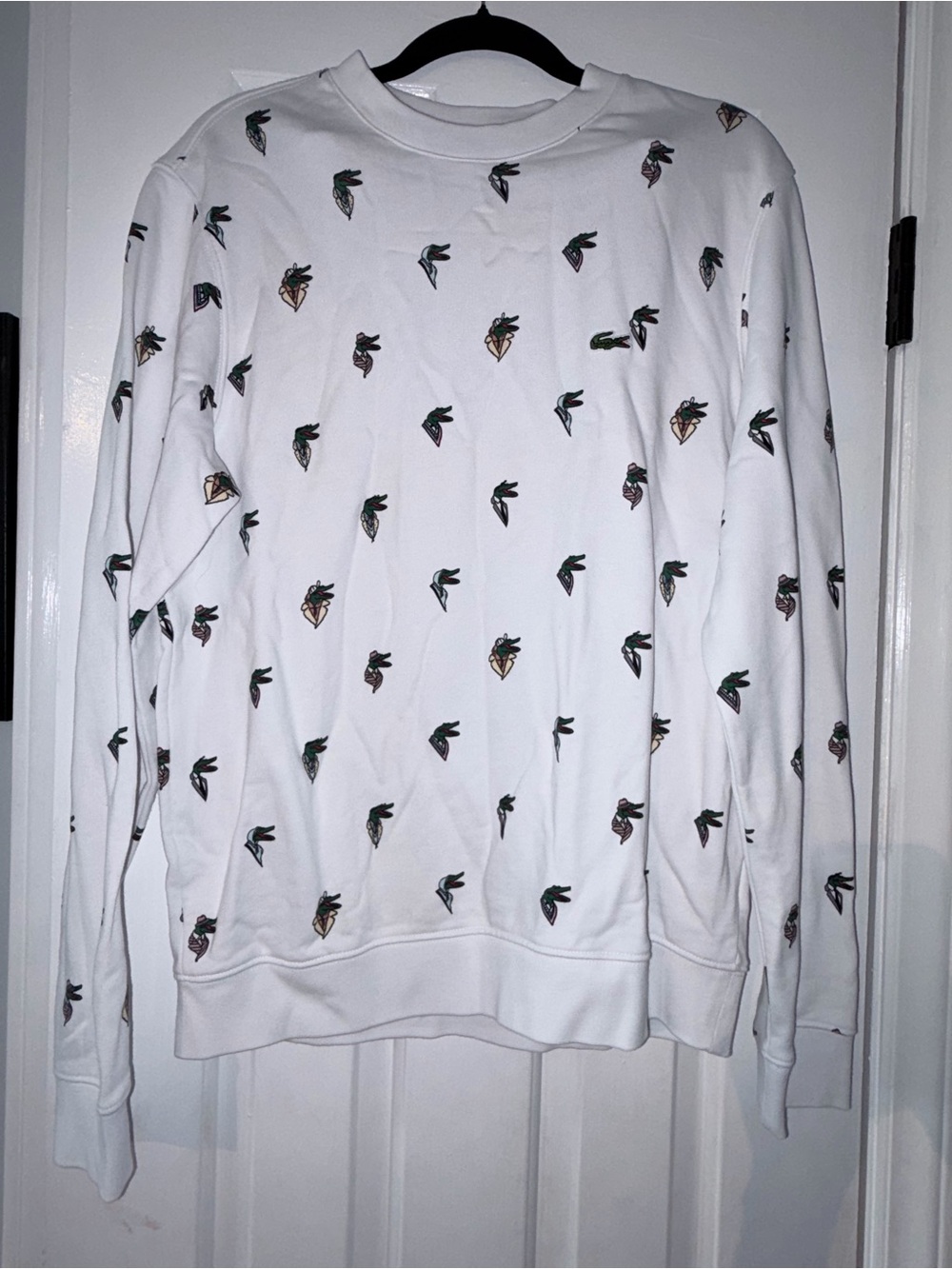 Lacoste White Crewneck Sweatshirt with Small Green and Tan Croc Motifs
